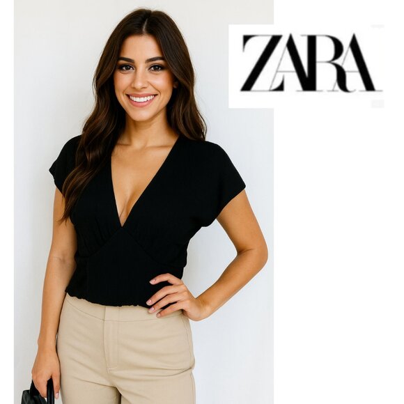 Zara V-Neck Crinkled Gauze Short Flutter Sleeve V-Neck Smocked Rouched Crop Top - Picture 1 of 11